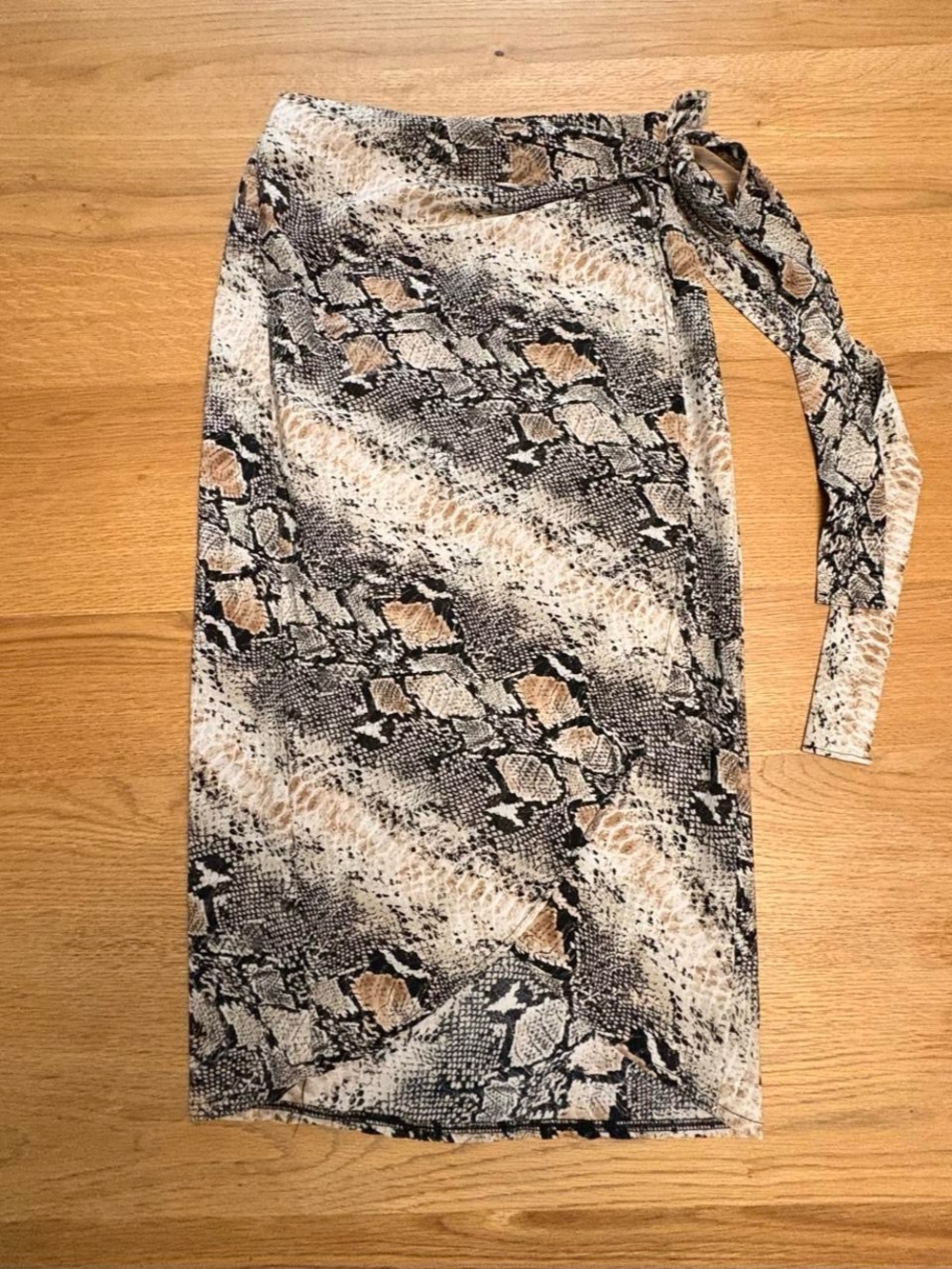 Snake-Print Midi Wrap Skirt in Black & Tan